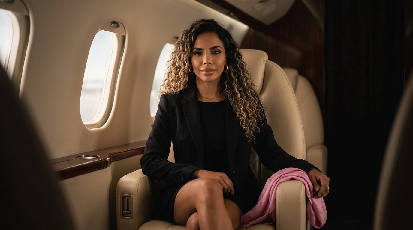 Femme en tailleur noir assise dans la cabine d'un jet privé, foulard rose sur les genoux