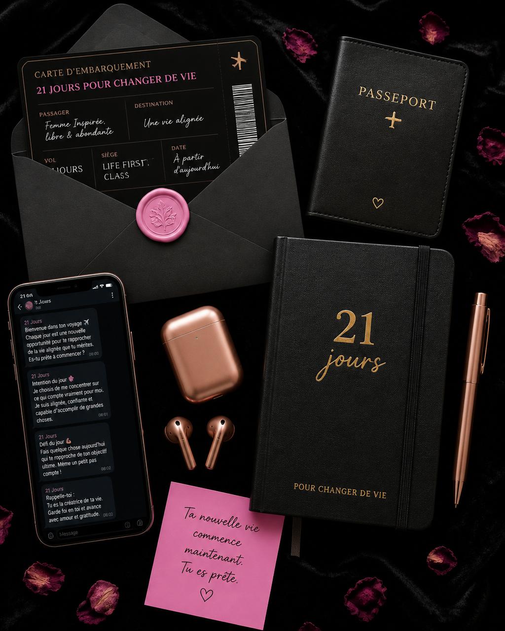 Kit d'embarquement premium LBB Business Class : enveloppe noire avec sceau rose, carte d'embarquement 21 jours, passeport, smartphone Telegram, écouteurs rose gold, carnet noir et stylo
