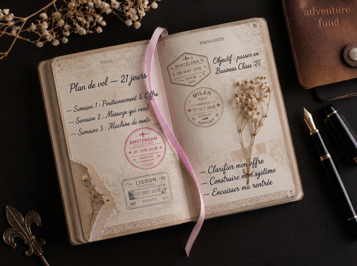 Carnet de vol ouvert : Plan de vol 21 jours, Semaine 1 Positionnement, Semaine 2 Message, Semaine 3 Machine de vente